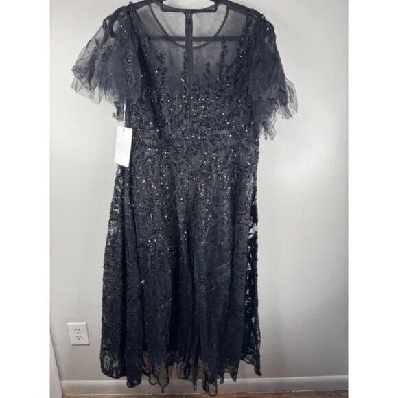 MAC DUGGAL 20477 Black Flutter Sleeve A Line Dress Formal Beaded Size 18W $698 - Picture 1 of 7